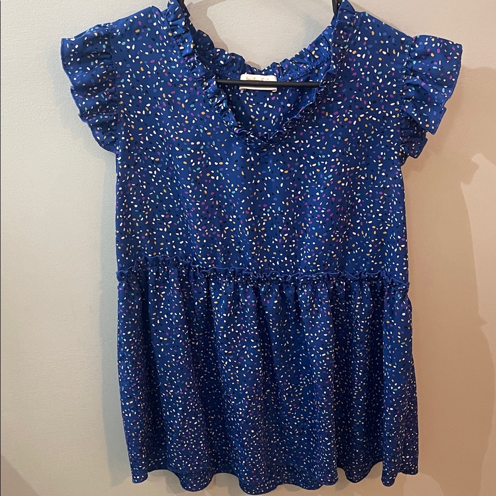 Hailey & co small loose ruffled neck tiered confetti multi color blue top v neck